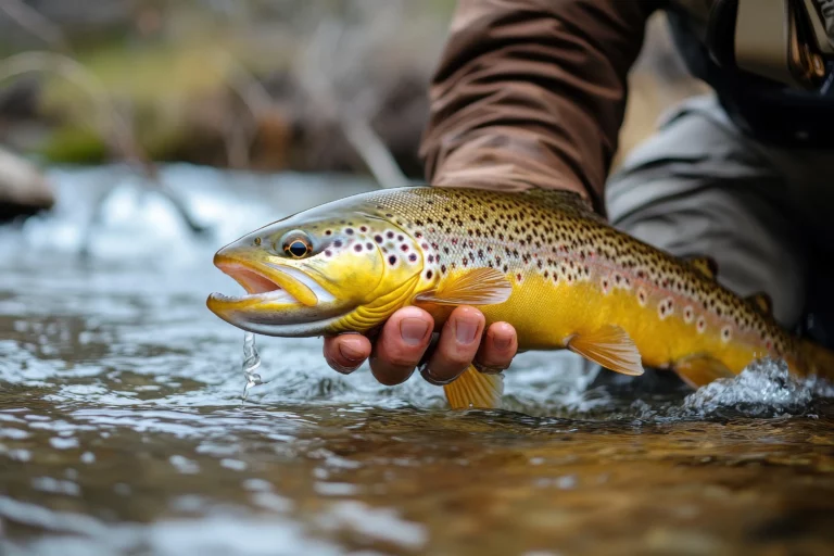 Angler hält einen gefleckten Fisch knapp über der Wasseroberfläche.