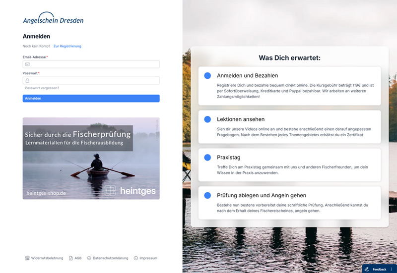 Anmeldeseite für den Angelkurs in Dresden mit Informationen zur Fischerprüfung, Kursanmeldung, Lektionen, Praxistag und Prüfungsablauf.